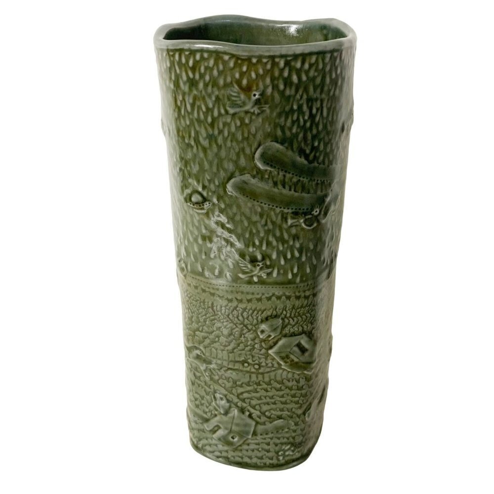 Ceramic Pottery Vase Olive Celadon signed Dennis Meiners